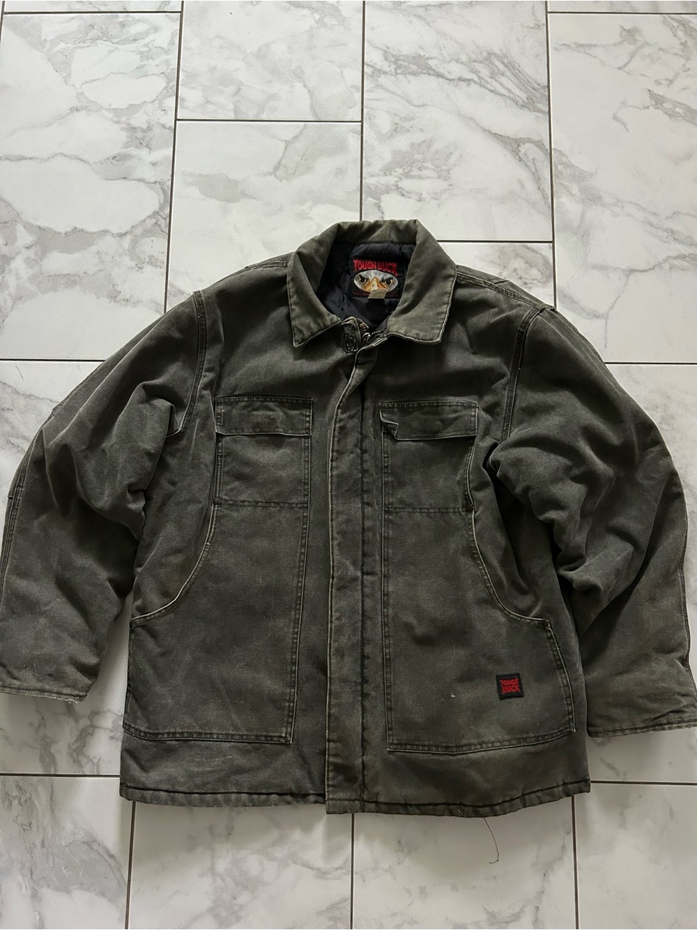 Vintage Tough Duck Canvas Olive Green Workwear Chore Jacket Quilt Lined